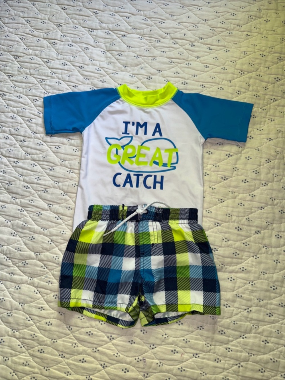 Koala Kids White, Blue & Neon Green 'I'm a Great Catch' Rash Guard Set